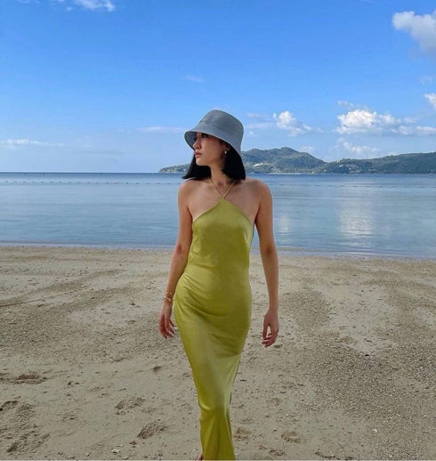 Halter Neck Backlace Side Slit Satin Dress